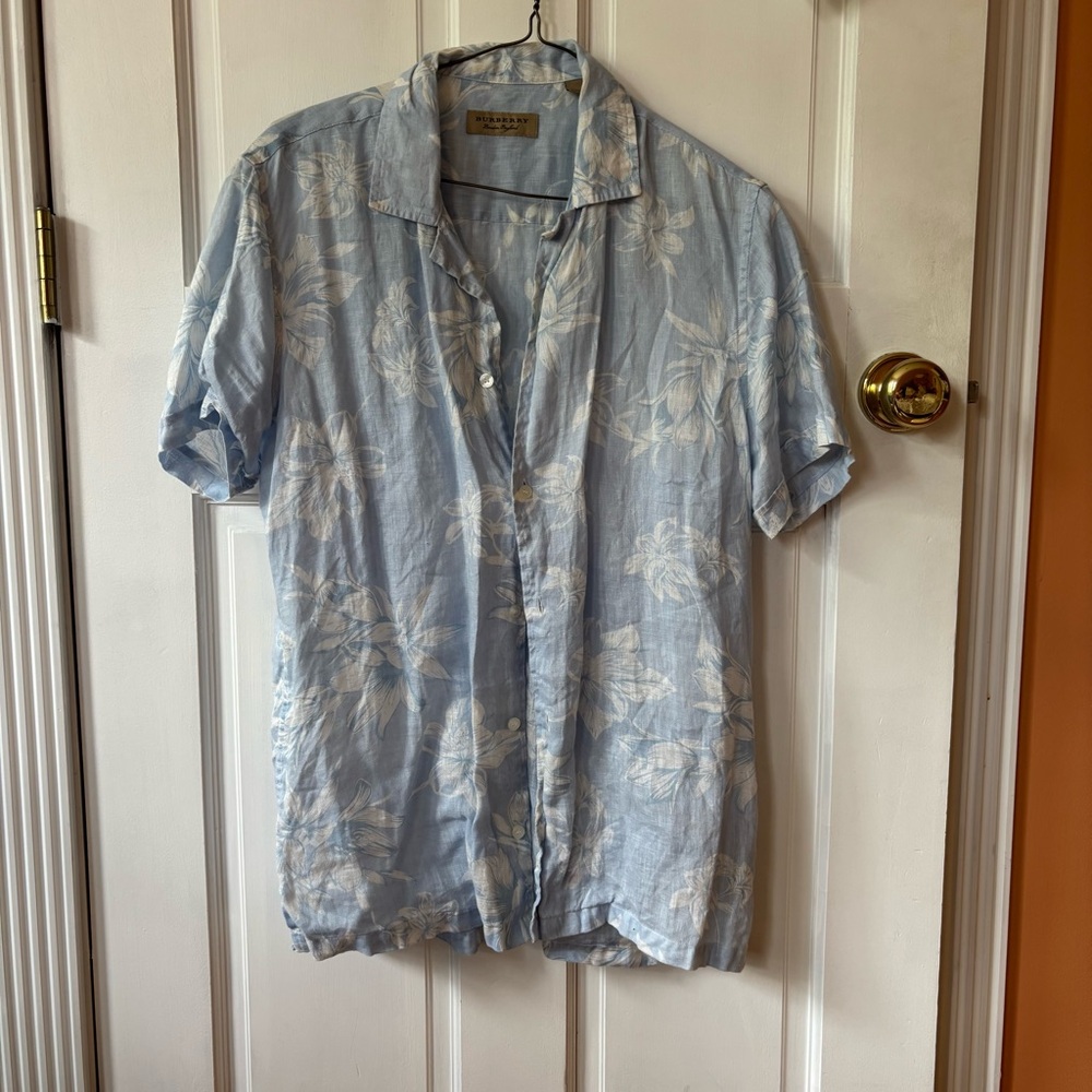 BURBERRY Light Blue Floral Linen Men's Shirt